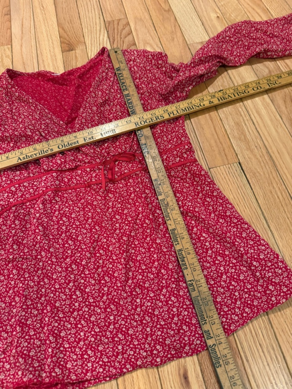 Women's Red Floral Long-Sleeve V-Neck Babydoll Bow Top Size S - Picture 5 of 7